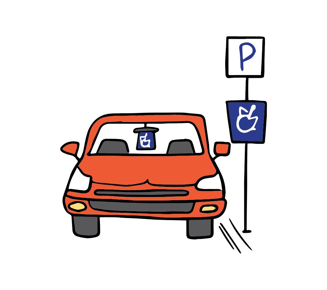 Graphic drawing of red car parked next to accessible parking sign.