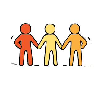Graphic drawing of 3 figures holding hands.