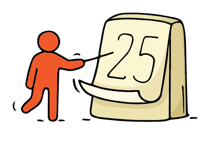 Graphic drawing of a stick figure pointing to a pad of paper with the number "25" on it.
