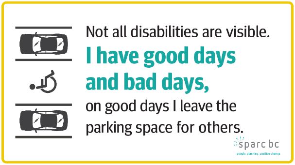 Card that reads "Not all disabilities are visible. I have good days and bad days, on good days I leave the parking space for others. The left has an image of accessible parking spaces.