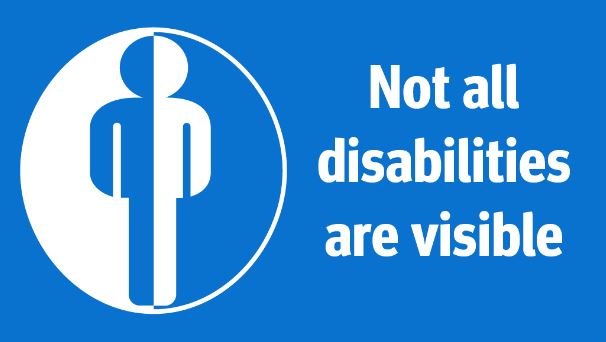 Image of a blue card that reads "Not all disabilities are visible". Blue and white stick figure next to text.