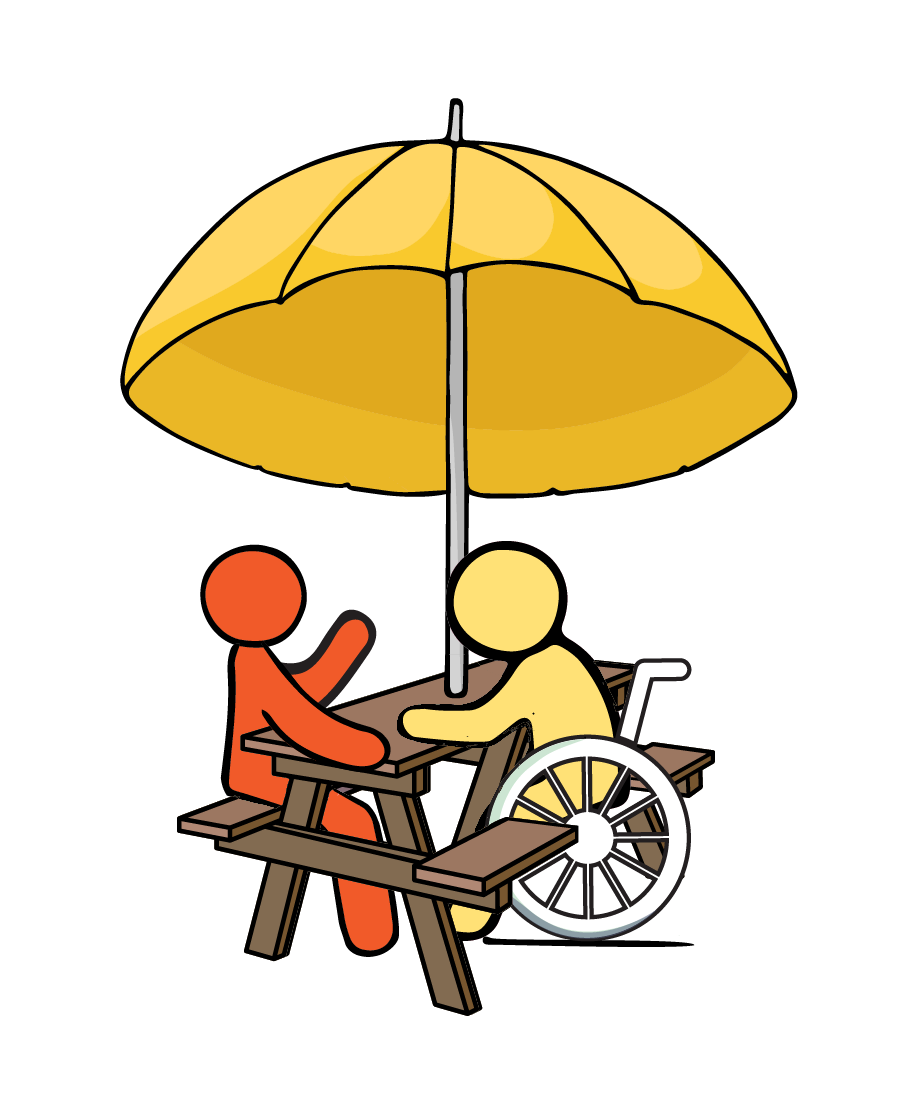 Graphic drawing of two figures at patio table, one is in a wheelchair and the seat of the picnic table cuts out for their wheelchair.