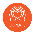 Graphic of hands with a heart in middle. Text below reads DONATE